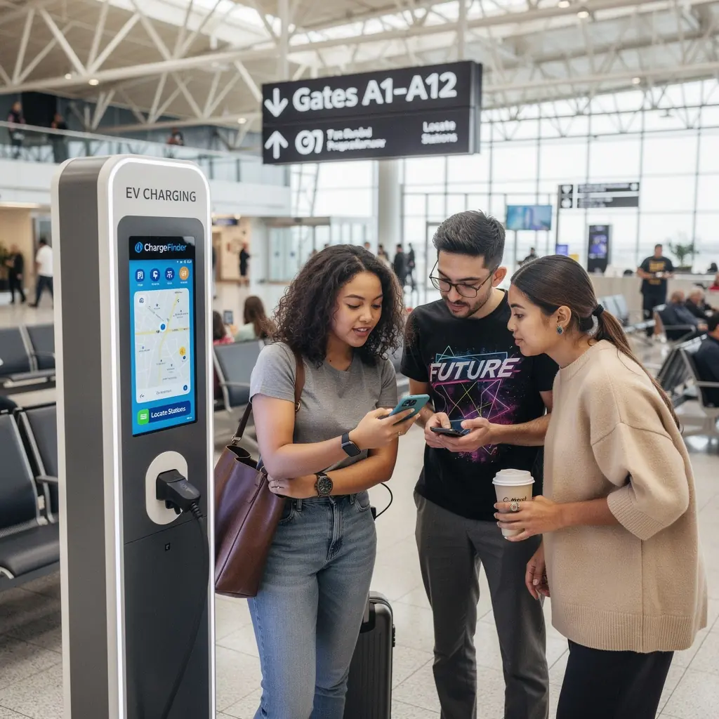 Luftaufnahme eines Flughafens mit Elektrofahrzeug-Ladestationen.