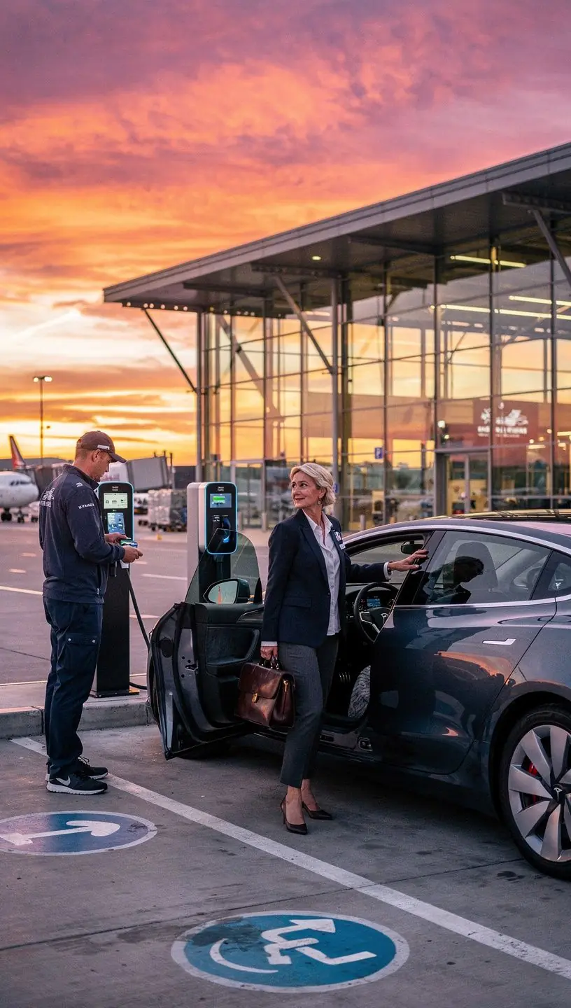 Passagiere, die ihr Elektroauto am Langzeitparkplatz aufladen.