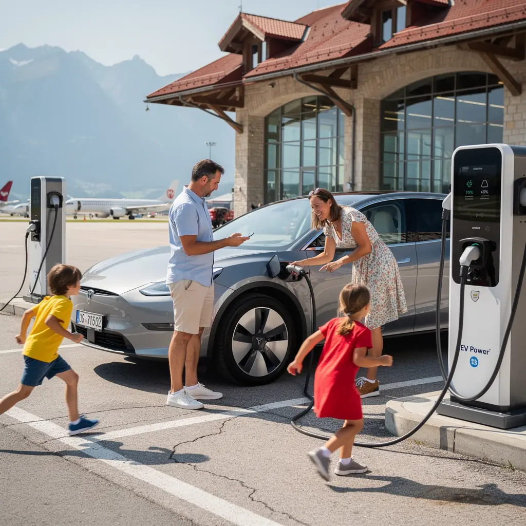 Reisende nutzen die Wartezeit, um ihre Elektroautos an einer Schnellladestation aufzuladen.