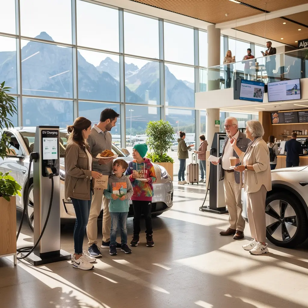 Familie mit GepГ¤ck, die zu einem Elektrofahrzeug geht, das an einer Ladestation angeschlossen ist.