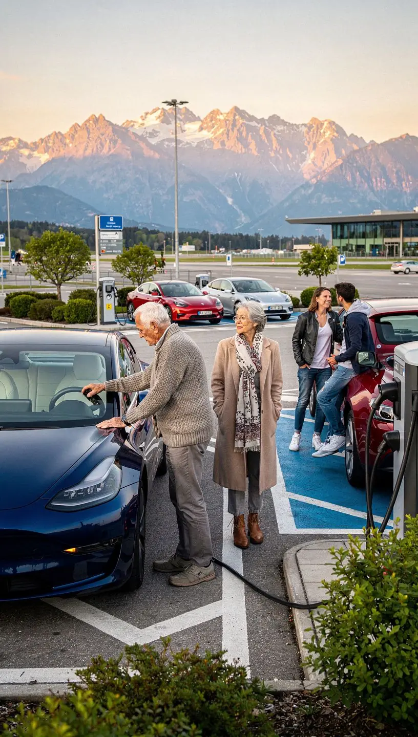 Familie, die mit ihrem Elektrofahrzeug zum Flughafen geht, während es aufgeladen wird.