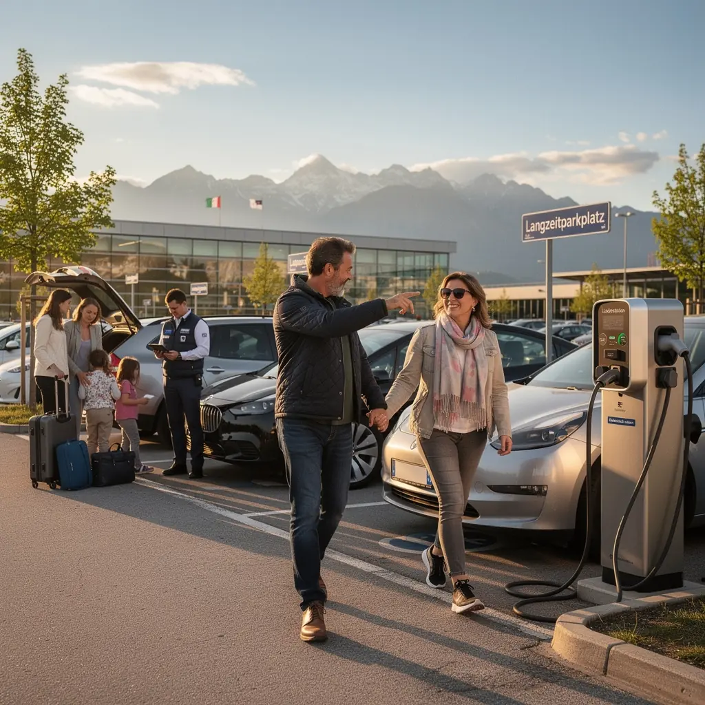 LadesГ¤ulen fГјr Elektrofahrzeuge an einem modernen Flughafenparkplatz.