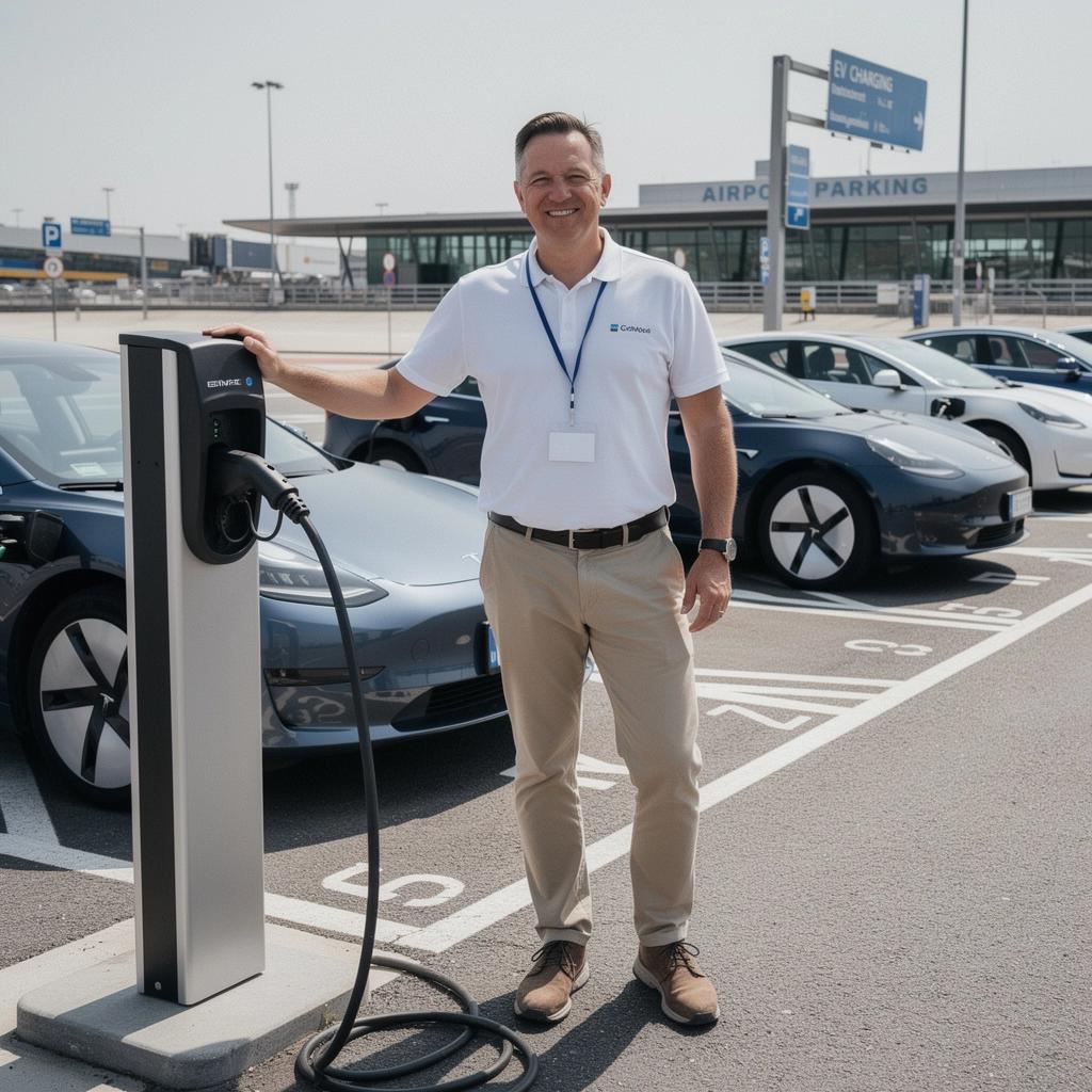 Elektrofahrzeug, das an einer Schnellladestation am Parkplatz angeschlossen ist.