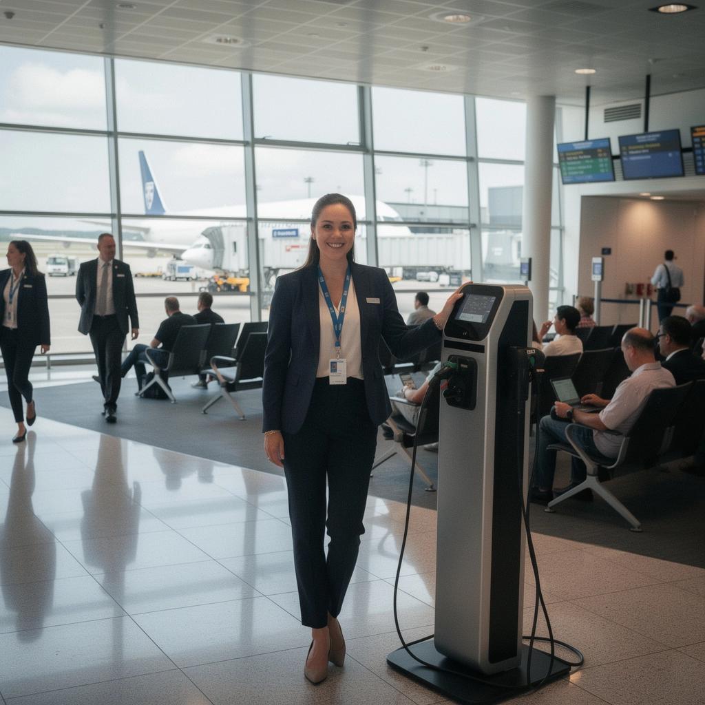 Grüne Umgebung rund um die Ladestationen für Elektroautos am Flughafen.