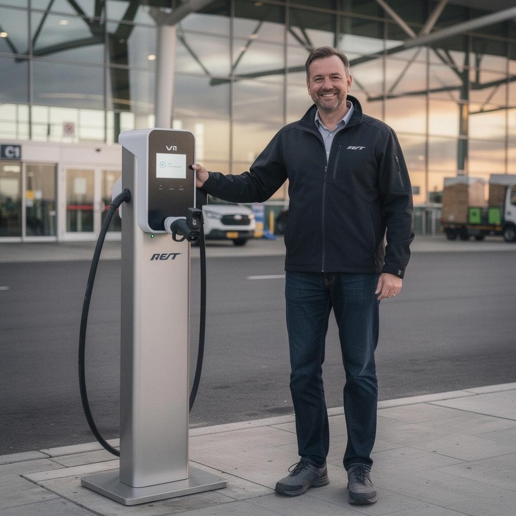 Reisende, die ihre Koffer abholen und gleichzeitig ihr Elektroauto laden.